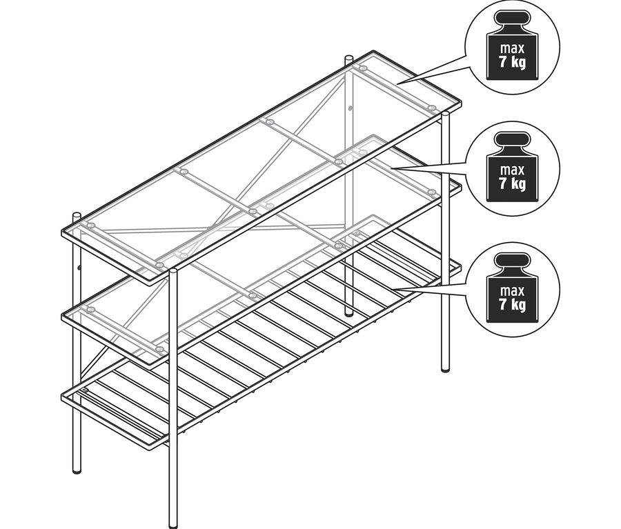 Schéma d'une console d'une largeur d'environ 120 cm avec trois étagères.