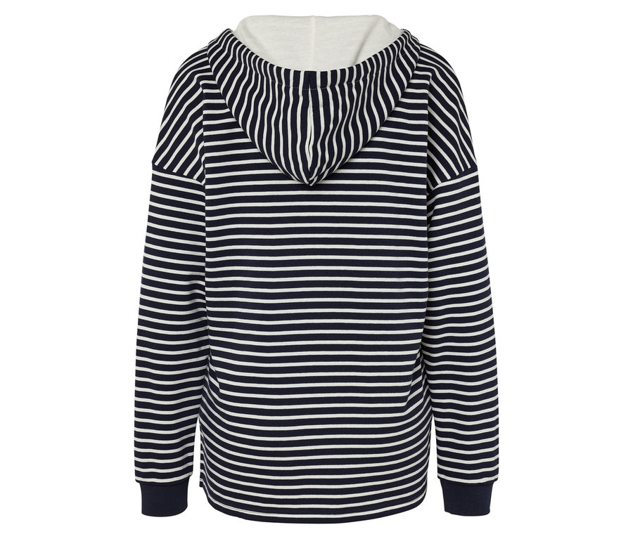 Vue arrière d'un sweat à capuche rayé bleu marine et blanc.