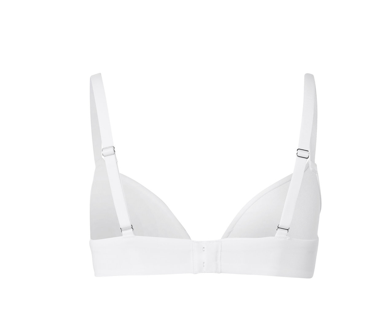 Vue détaillée de l'arrière d'un soutien-gorge à coques souples blanc avec fermeture à agrafes et bretelles réglables.