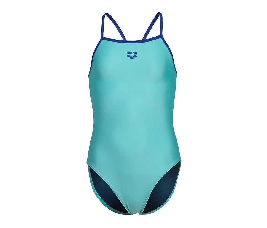 Maillot de bain enfant Arena Feel Light Drop Back Solid turquoise avec bretelles bleues.