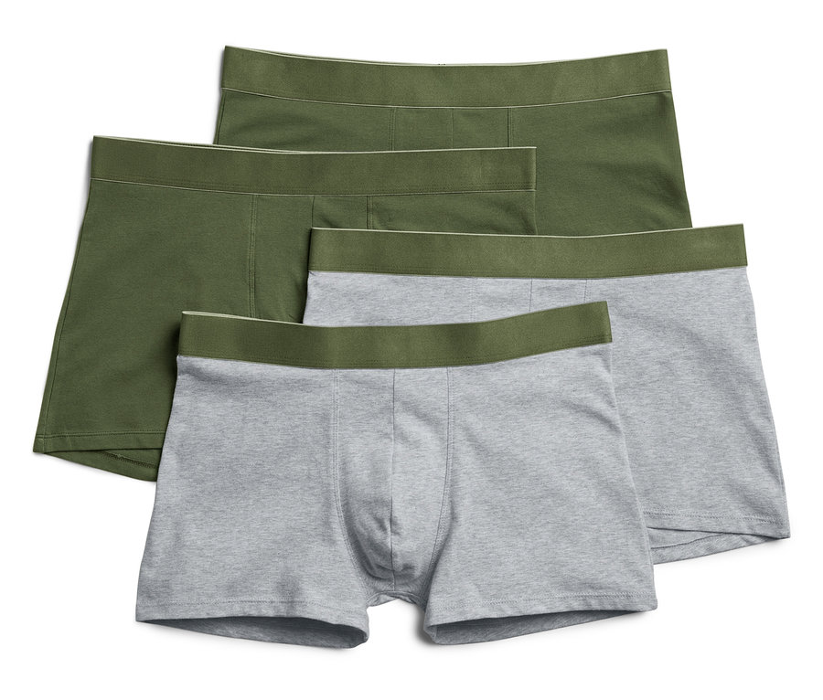 Quatre boxers pour hommes : deux vert olive et deux gris avec une ceinture vert olive.