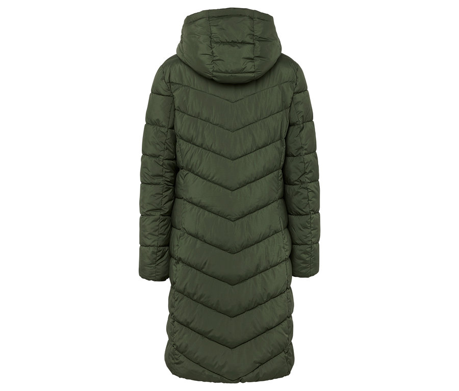 Vue arrière d'une longue doudoune matelassée vert olive avec capuche.