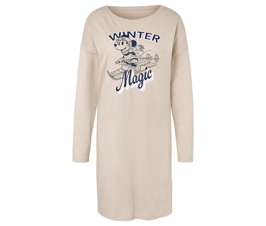 Chemise de nuit beige à manches longues avec un imprimé bleu de Minnie Mouse sur des skis et l'inscription Winter Magic.