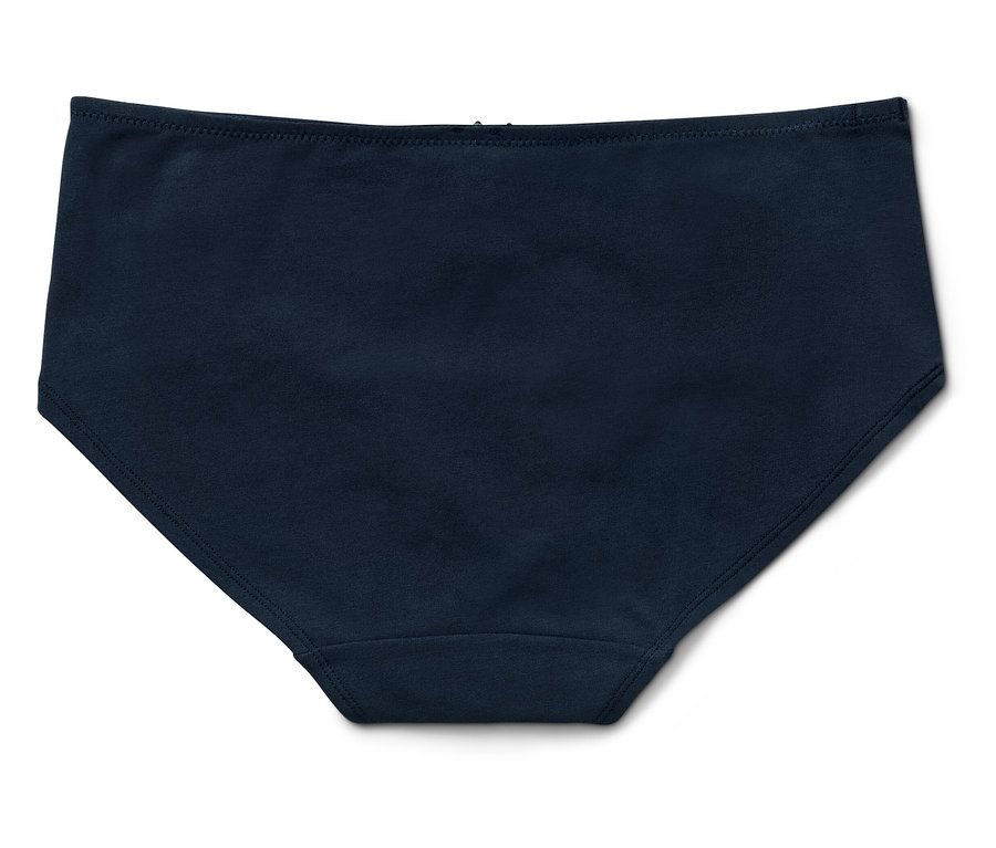 Gros plan d'une culotte bleu foncé pour femme sur fond blanc.