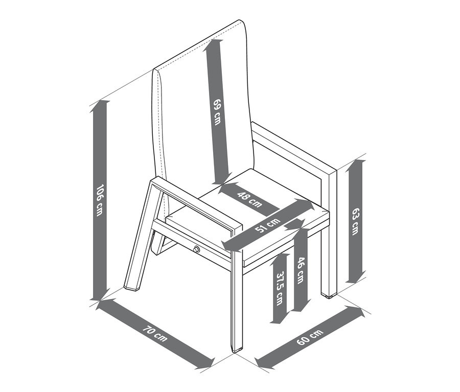 Les dimensions d'un fauteuil à haut dossier sont indiquées par des flèches.