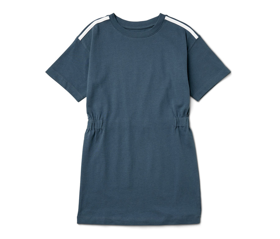 Robe en heavy jersey bleue pour enfant avec des rayures blanches sur les épaules.