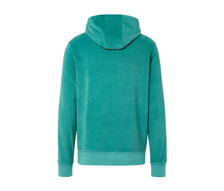 Vue arrière d'un sweat-shirt à capuche en tissu éponge vert.