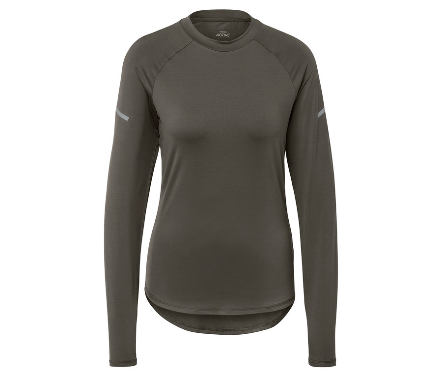 T-shirt de sport à manches longues olive pour femme.