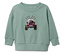 Pull vert clair avec un jeep rouge et des drapeaux à damier.