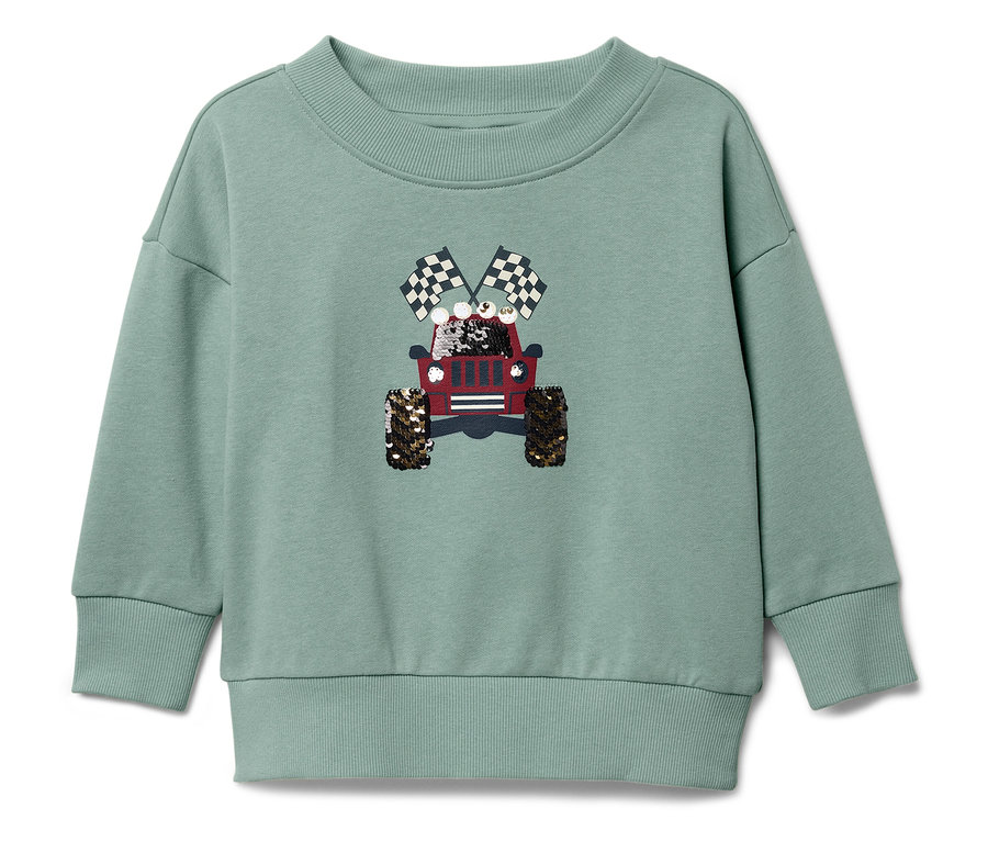 Pull vert clair avec un jeep rouge et des drapeaux à damier.