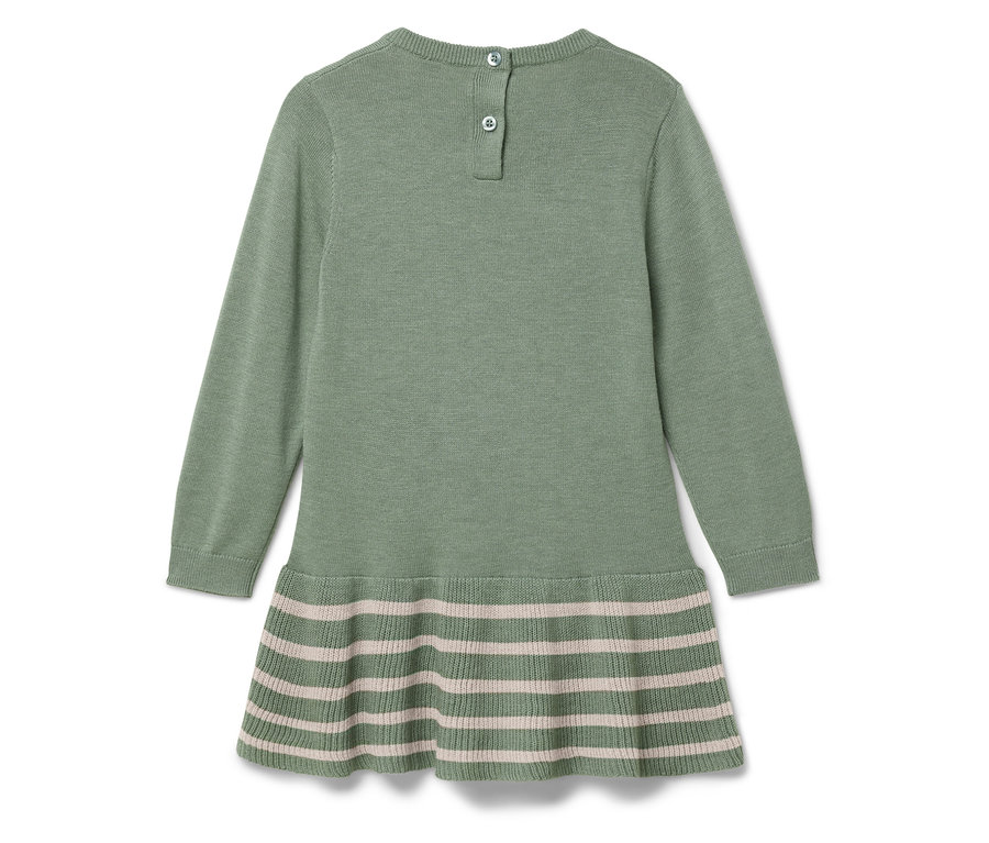 Vue arrière d'une robe en tricot verte à manches longues avec une jupe rayée.