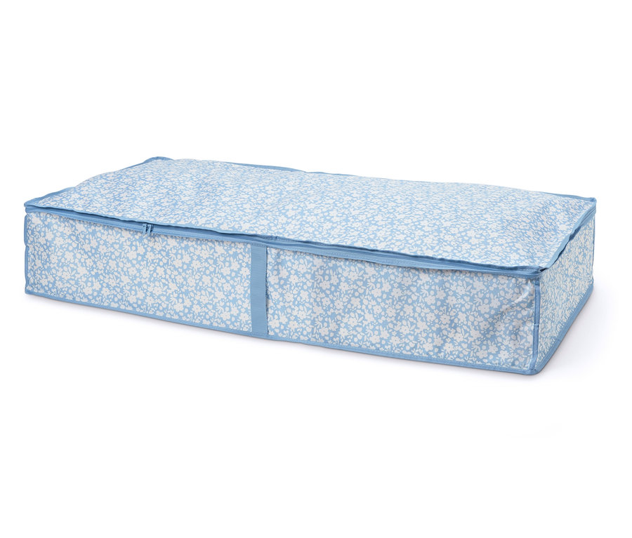 Commode de dessous de lit à motif floral bleu et blanc avec fermeture éclair.