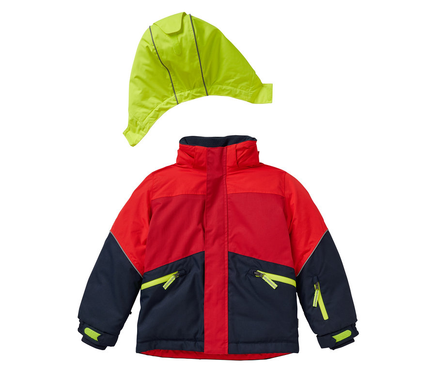 Présentation d'une veste robuste pour enfant JAKO-O en rouge tomate avec une capuche amovible.