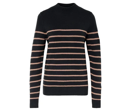 Un pull bleu marine à col roulé avec des rayures horizontales marron clair.