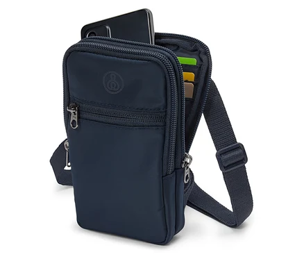 Sac bandoulière bleu marine avec téléphone et cartes.