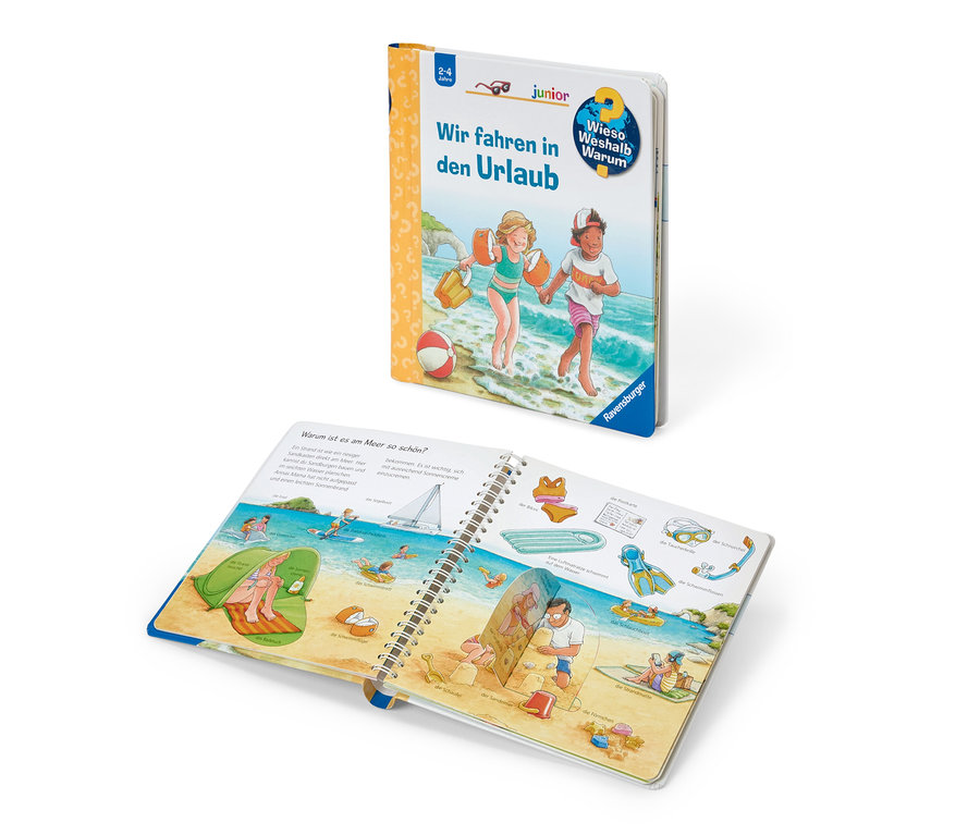 Deux livres pour enfants sur le thème de la plage, dont le livre «	Pourquoi	? Comment	? Junior	: Nous partons en vacances	» (en allemand).