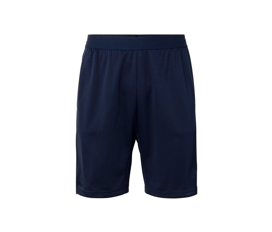 Short de sport bleu sur fond blanc.