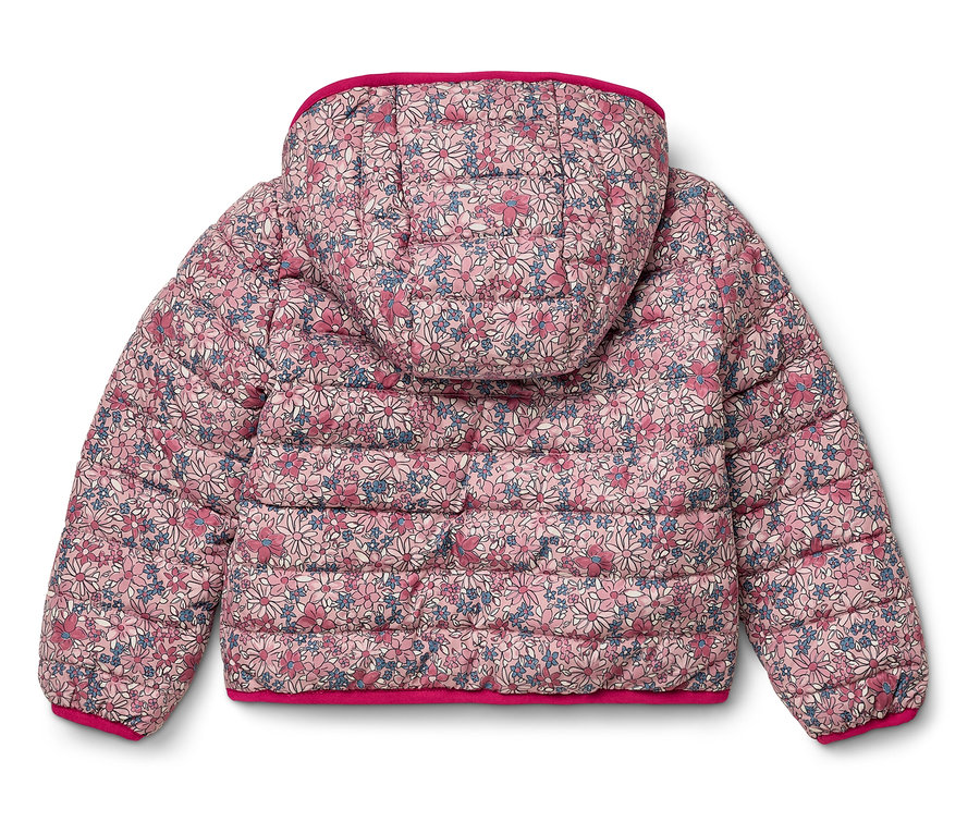 Vue arrière d'une veste matelassée à capuche avec un imprimé floral rose, bleu et blanc.