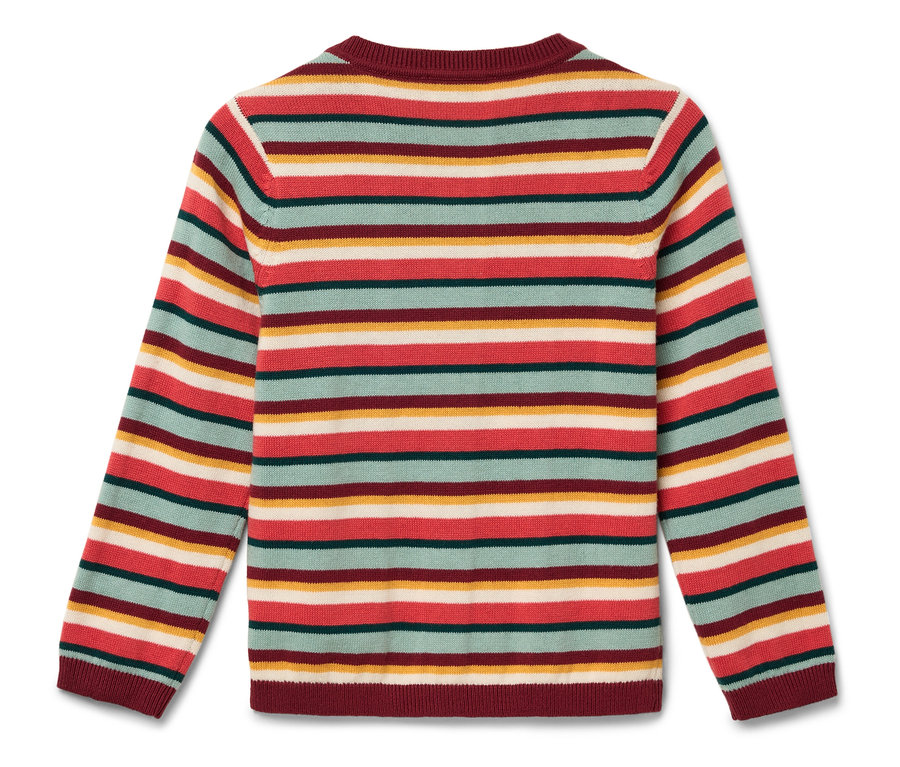 Pull rayé à manches longues rouge, vert, jaune et blanc.