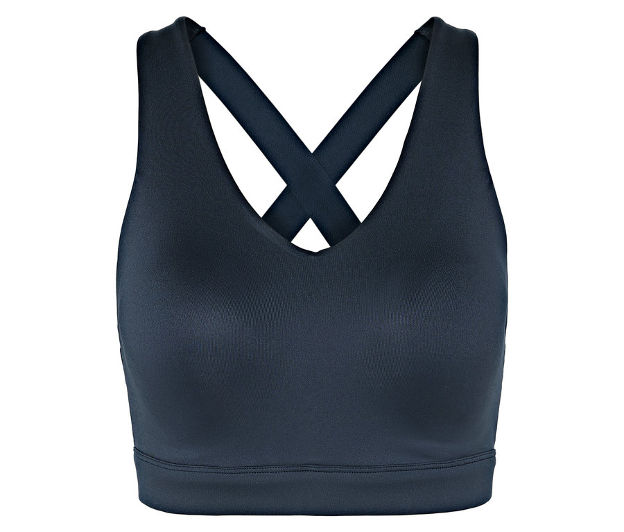 Soutien-gorge de sport bleu marine avec bretelles croisées dans le dos.