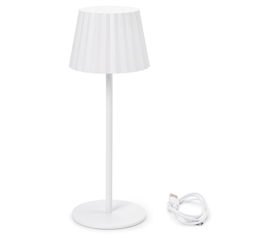 Lampe blanche avec abat-jour plissé et câble USB.