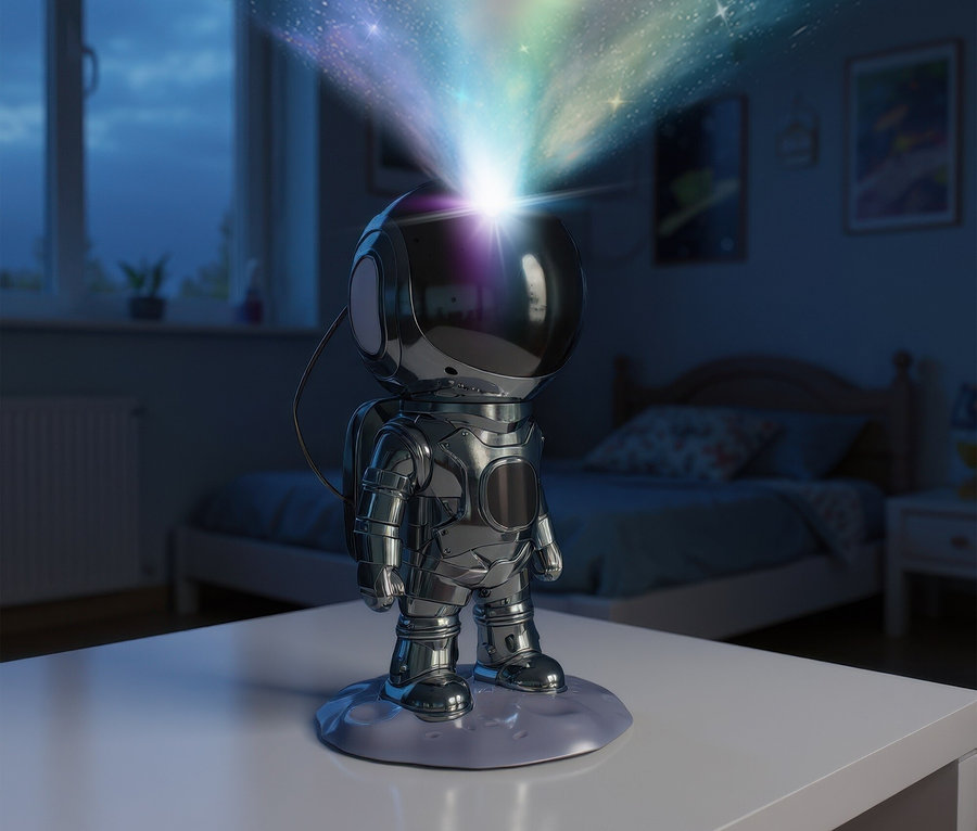 Un astronaute projette des étoiles et un arc-en-ciel sur le plafond de la pièce.