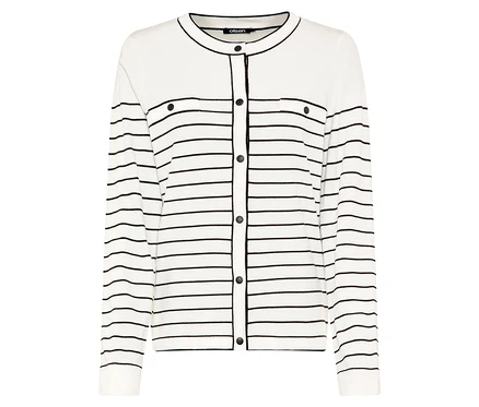 Le cardigan Olsen «
LA » est blanc avec des rayures noires et des boutons.