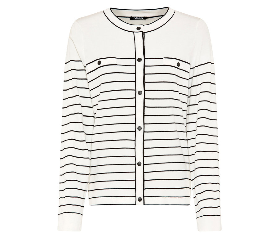 Le cardigan Olsen «
LA » est blanc avec des rayures noires et des boutons.