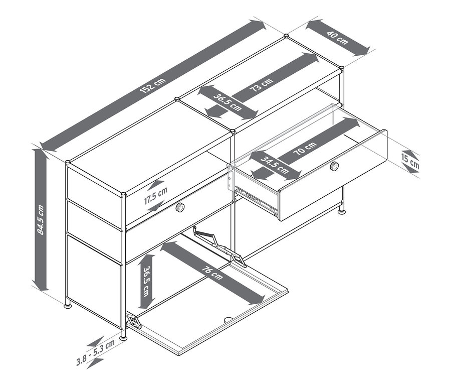 Schéma d'un buffet en métal « CN3 » avec 2 abattants, 2 tiroirs et 2 compartiments ouverts, avec des mesures.