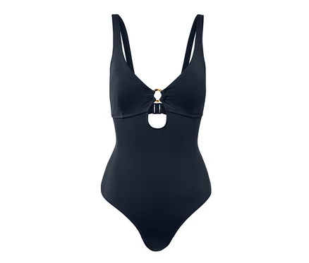 Un maillot de bain noir avec un élément décoratif au centre.
