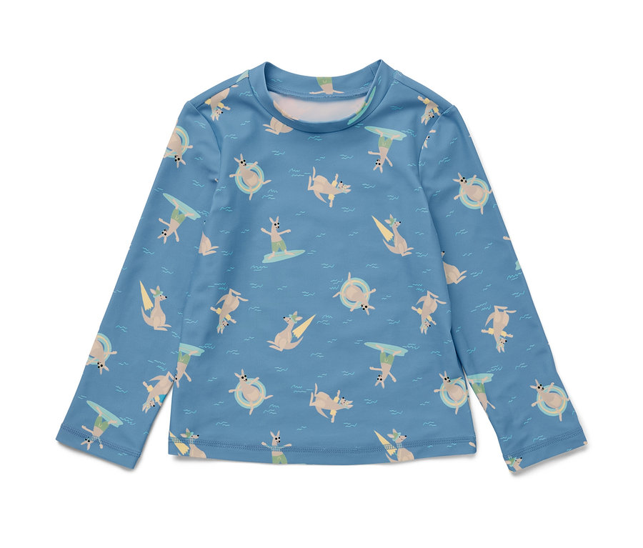T-shirt bleu pour enfant avec protection UV 80, motif kangourou.