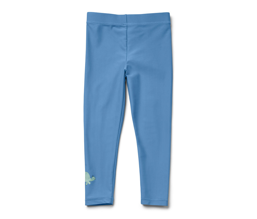 Legging de bain bleu pour enfant avec indice de protection UV 80 et une tortue en bas.