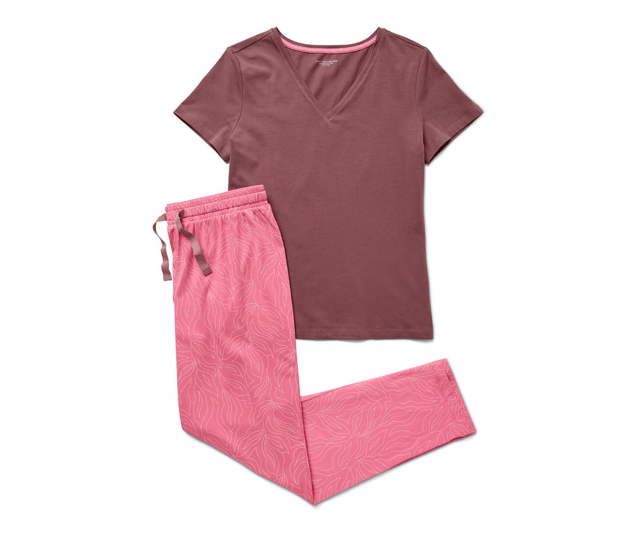 Pyjama rose à motif de feuilles et T-shirt à col en V.