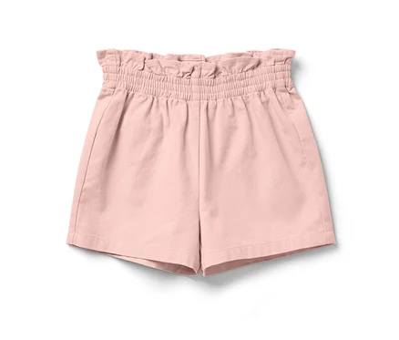 Short paper bag rose pour enfant sur fond blanc.