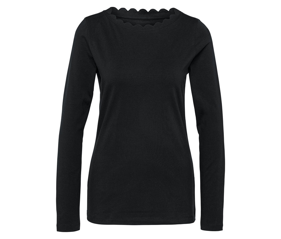 T-shirt noir à manches longues avec bordure festonnée.