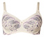 Un soutien-gorge couleur ivoire avec des broderies florales violettes.