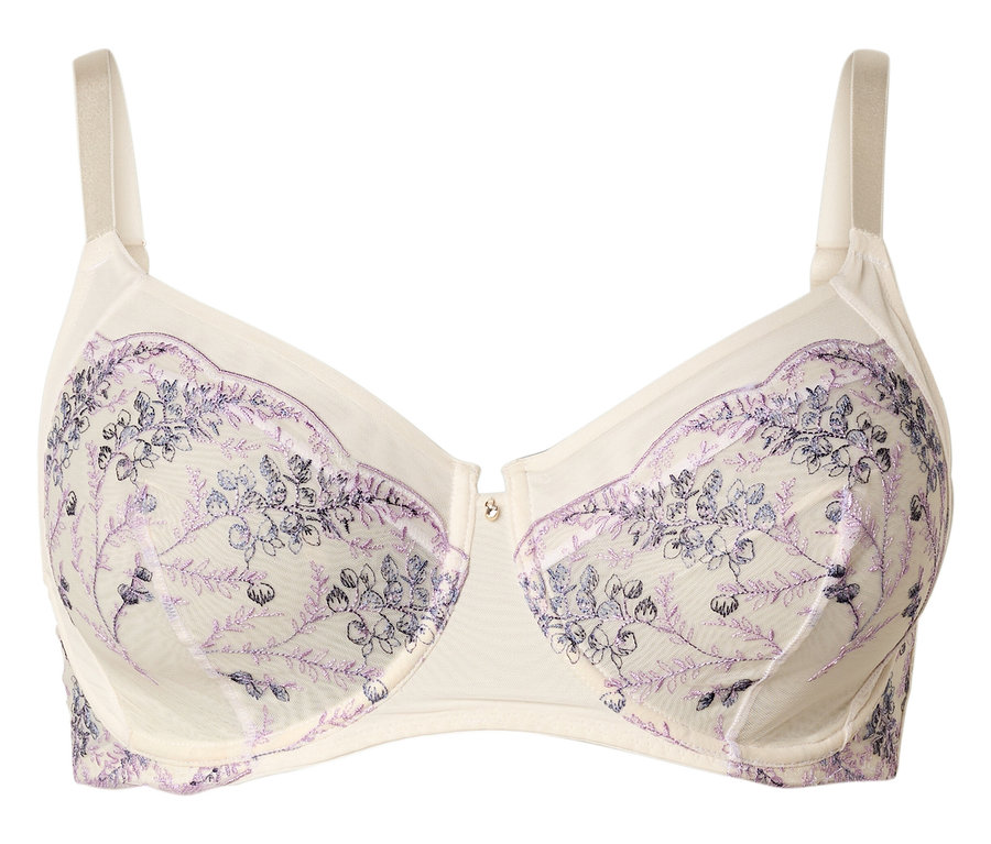 Un soutien-gorge couleur ivoire avec des broderies florales violettes.