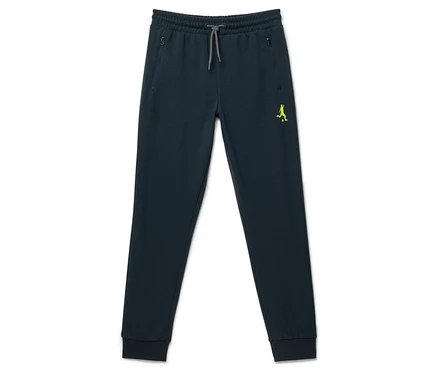 Pantalon en sweat pour enfant bleu foncé avec taille élastique, cordon de serrage gris, deux poches zippées et un logo jaune fluo sur la cuisse gauche.