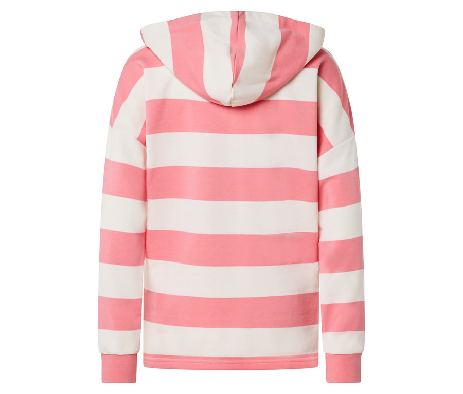 Vue arrière d'un sweat à capuche rayé rose et blanc.