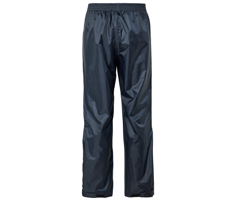 Un pantalon de pluie bleu marine avec une taille élastique posé sur un fond blanc.
