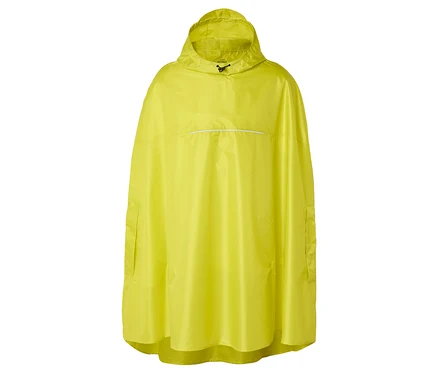 Poncho de pluie jaune avec capuche et poches sur fond blanc.
