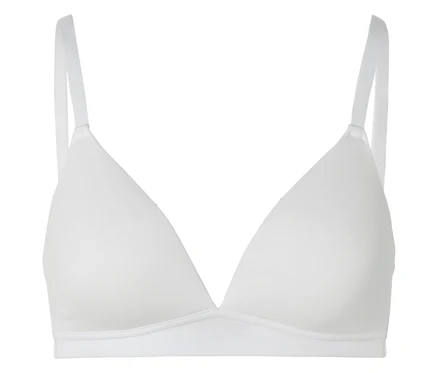 Soutien-gorge triangle blanc avec fines bretelles et léger rembourrage sur fond blanc.