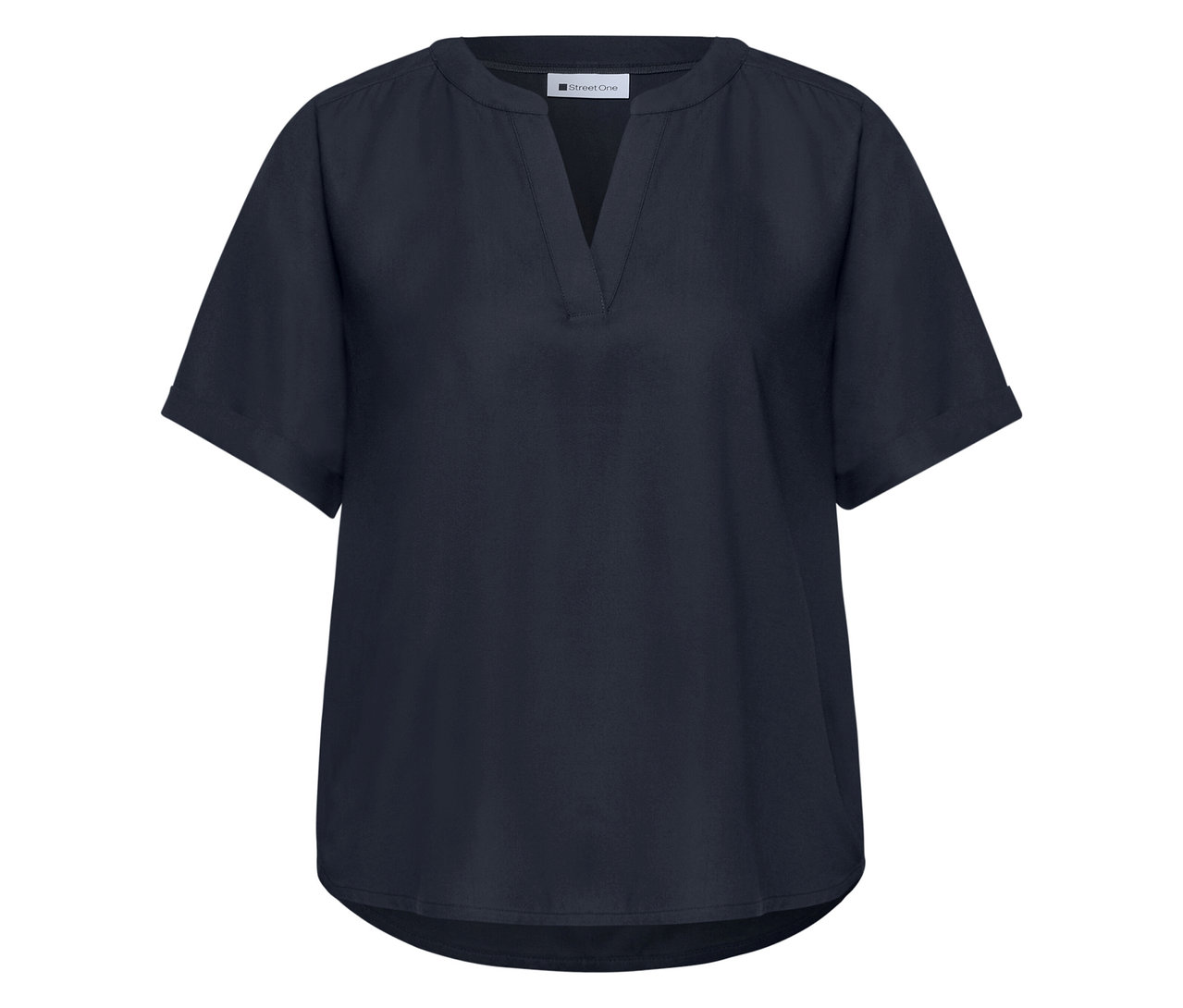 Blouse en maille Street One bleu marine avec col en V et manches courtes.