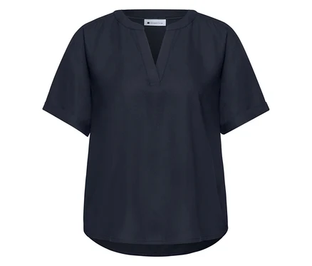 Blouse tissée Street One bleu marine à manches courtes, col en V et ourlet arrondi.