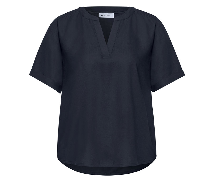 Blouse en maille Street One bleu marine avec col en V et manches courtes.
