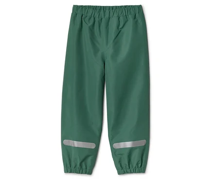 Pantalon de pluie vert avec taille élastiquée et bandes réfléchissantes en bas des jambes.