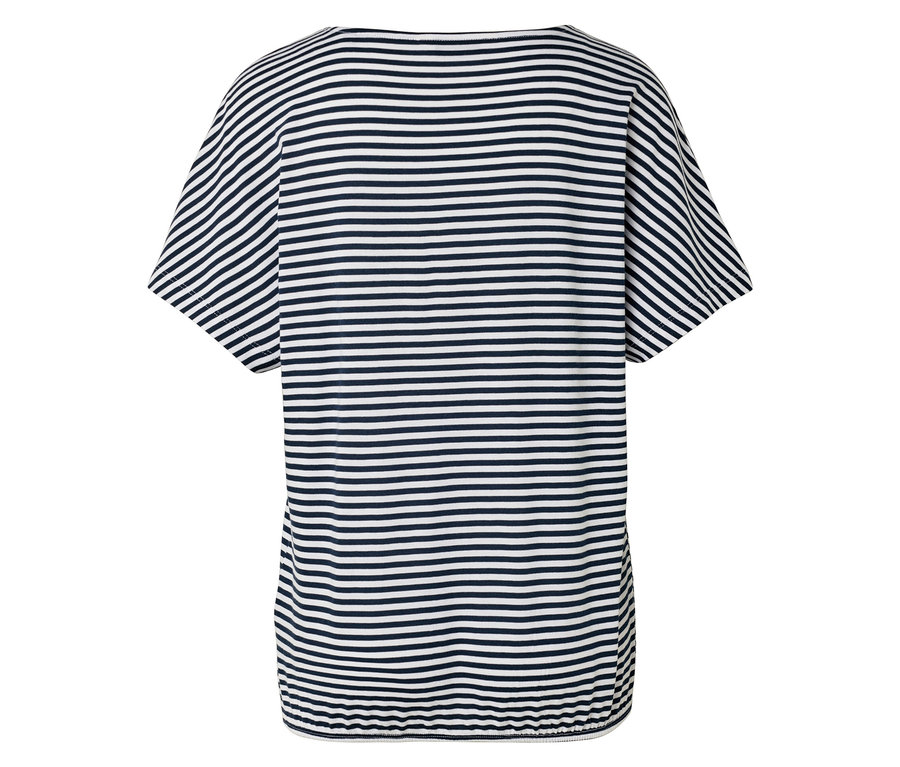 Vue arrière d'un t-shirt rayé à manches courtes bleu marine et blanc.