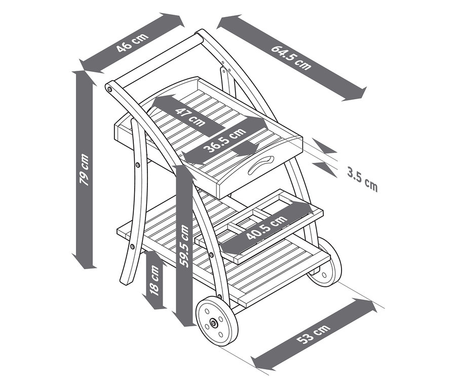 Illustration d'un chariot de bar avec plateau amovible et dimensions.