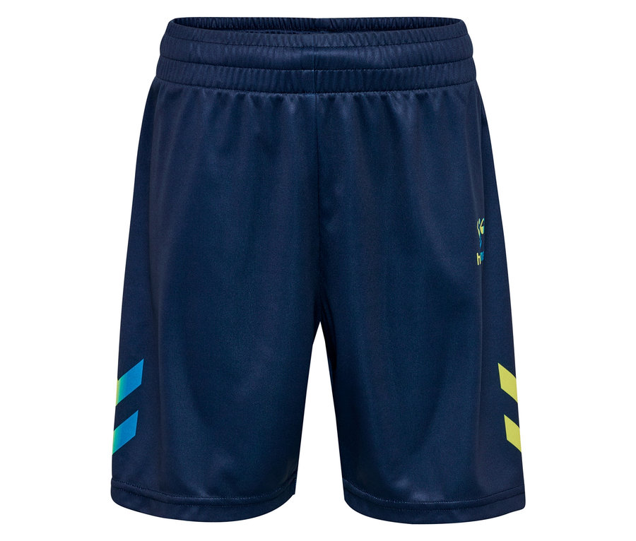 Short bleu marine avec des angles bleu-turquoise et jaunes sur les côtés.