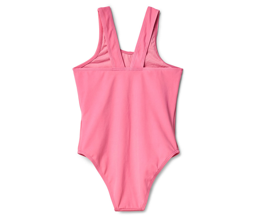 Vue arrière d'un maillot de bain rose pour fille sur fond blanc.